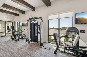 A gym with a treadmill, exercise bike, and other equipment